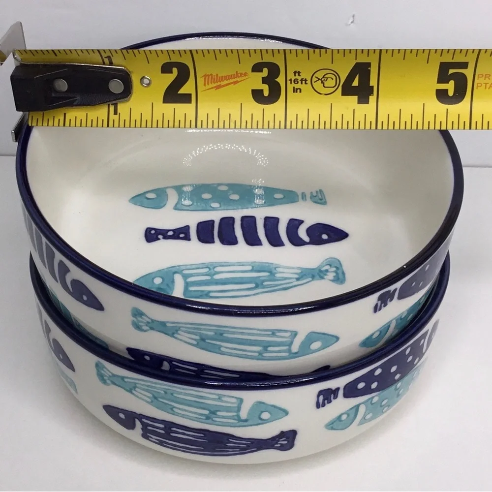2 Signature Cat Bowls Blue and Aqua Fisk Pet Bowls 5” X 2” New